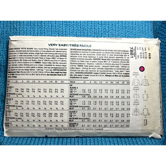Vogue Pattern 7861 blouse Hidden buttons tie neck size 6 8 10 - Picture 3 of 6